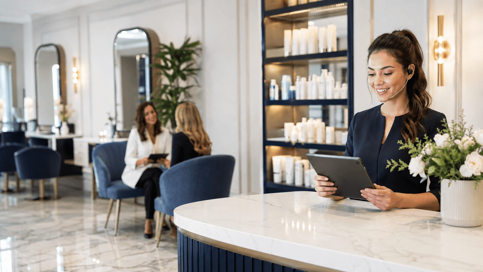 Premium beauty salon receptionist using a headset and tablet for appointment calls