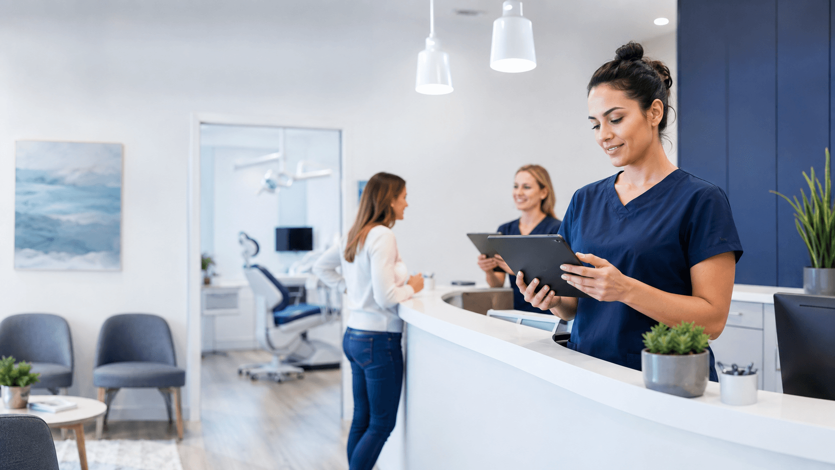 Dental or clinical front desk coordinator wearing a headset at a bright reception desk