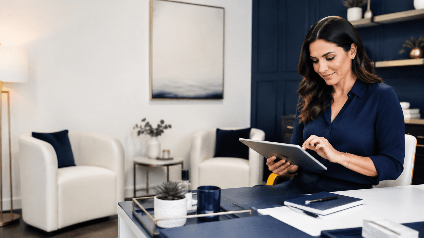 Professional service provider reviewing summarized client calls on a tablet