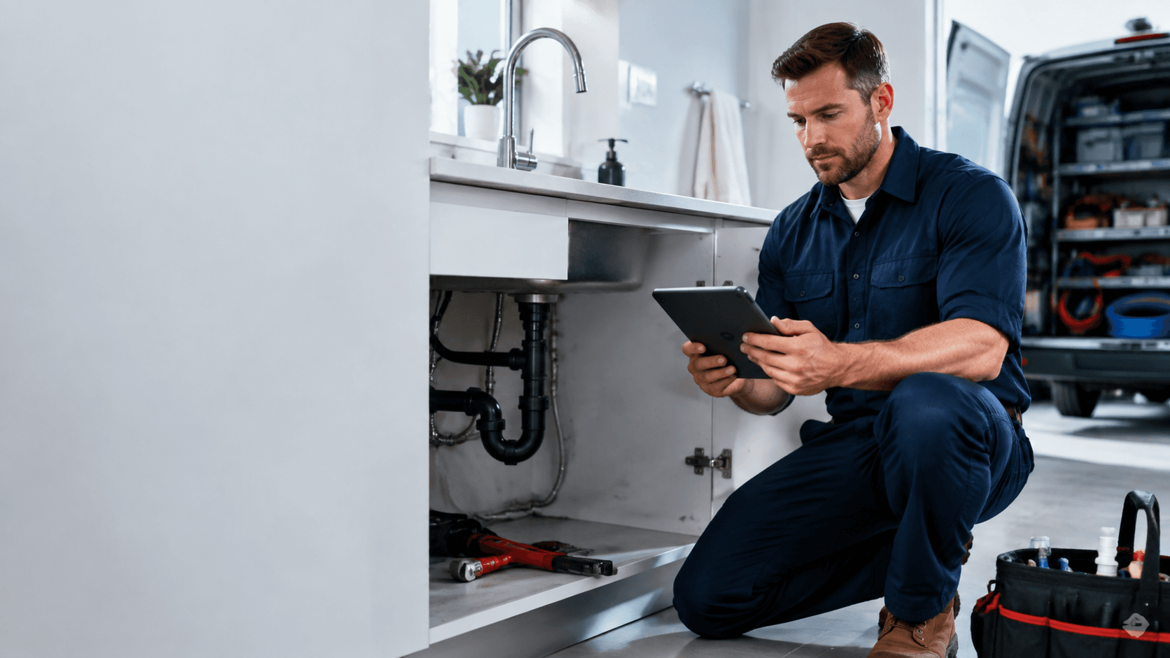 Professional plumbing dispatcher reviewing a customer service request on a tablet