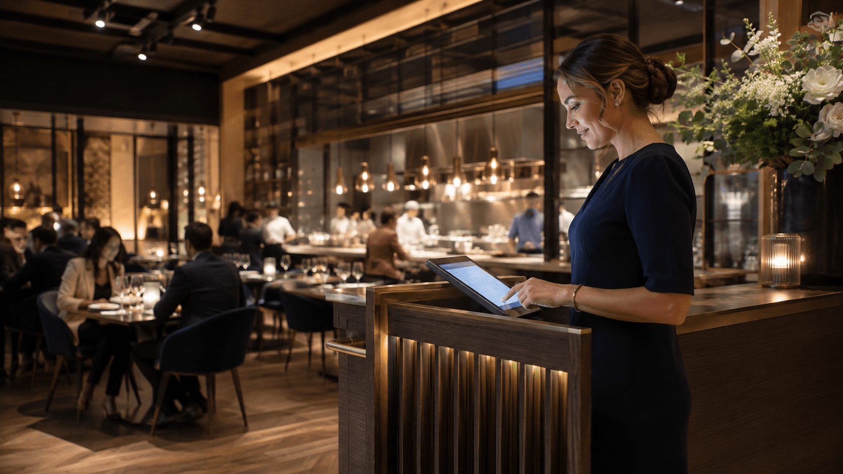 Restaurant host using a headset and tablet to manage reservation calls